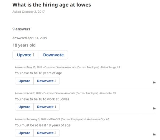 Minimum working age at Lowe's