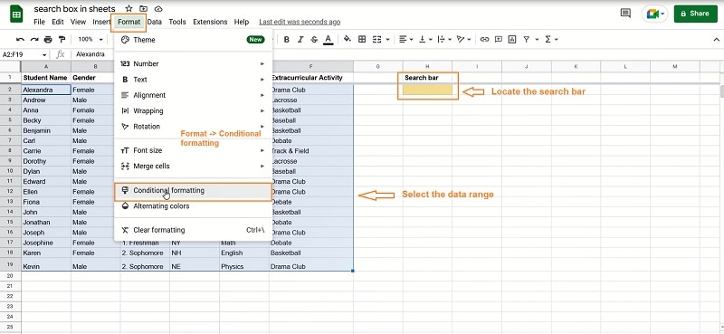 Creating a search bar in Google Sheets - Step 1