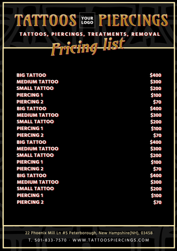 An example of tattoo price list in England