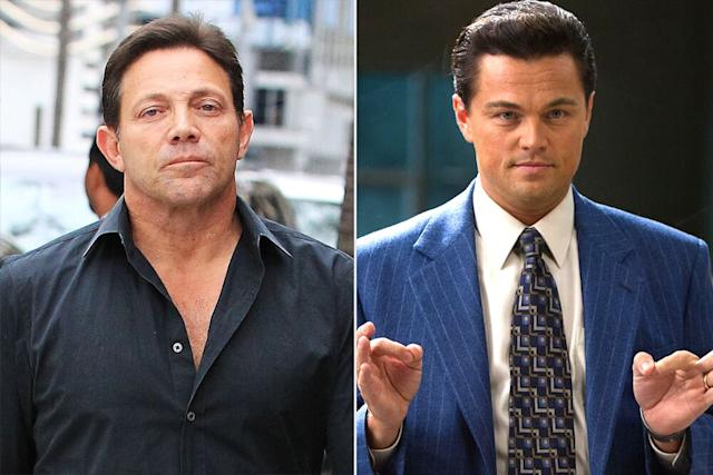 Belfort (left) and Leonardo playing Belfort in the movie The Wolf of Wall Street (right)