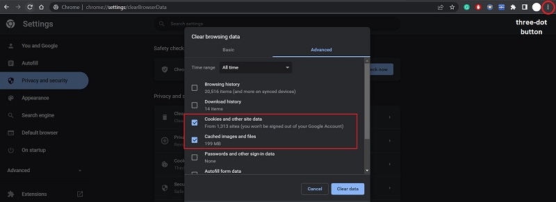 Clear data and cookies