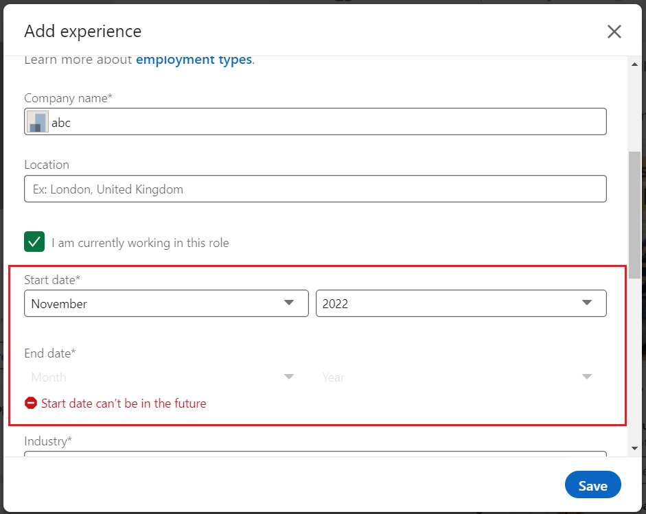 LinkedIn does not allow future starting date