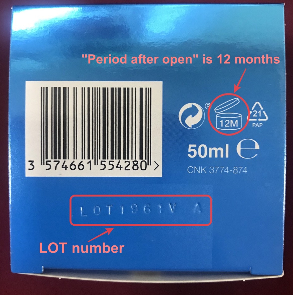 LOT number and Period After Open data on Neutrogena product