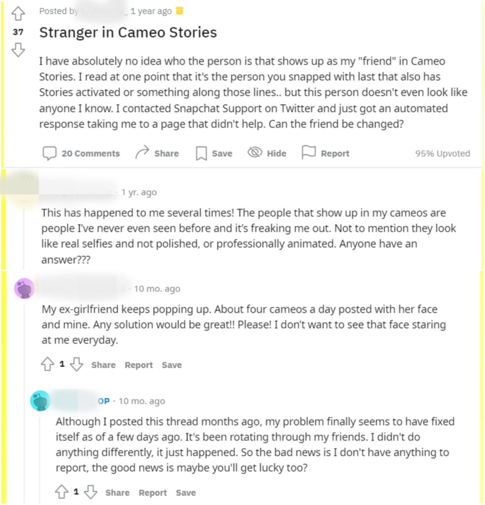 Reddit thread: Stranger in Snapchat cameo story