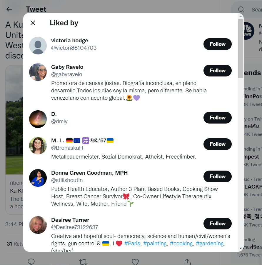 When you click on the likes, a list of users interacting with the tweet will appear