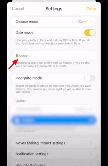 Snooze mode on Bumble