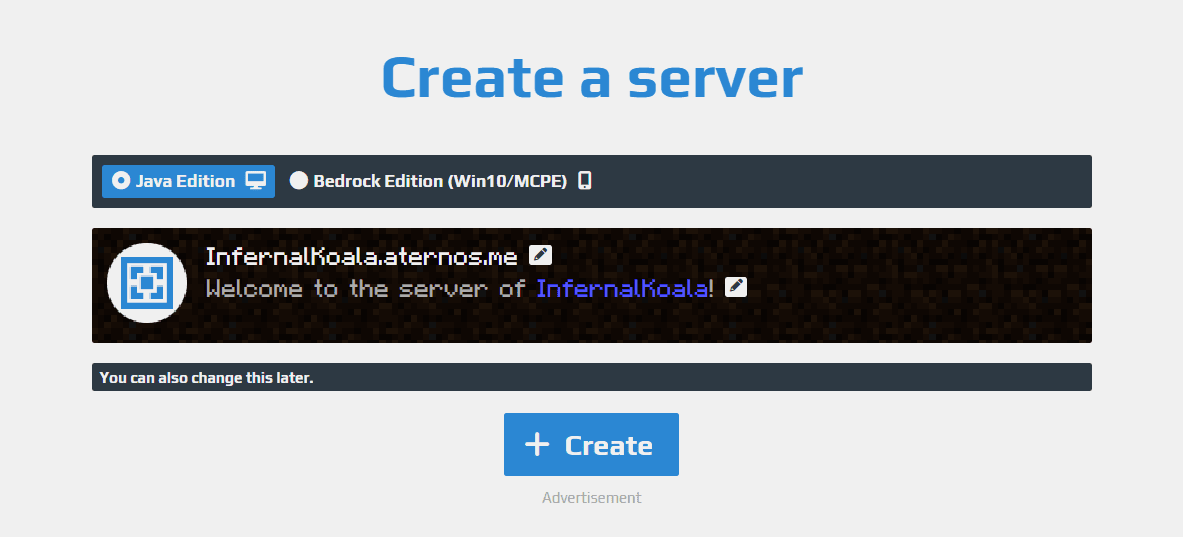 Click on Create to start a new server
