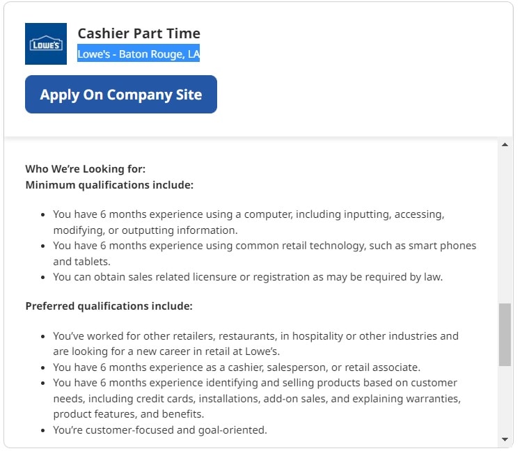 Cashier position at Lowe's